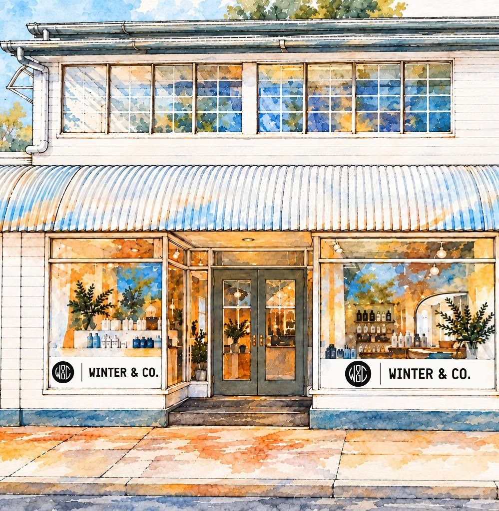 Watercolour illustration of the Winter & Co. shopfront on James Street, Yeppoon