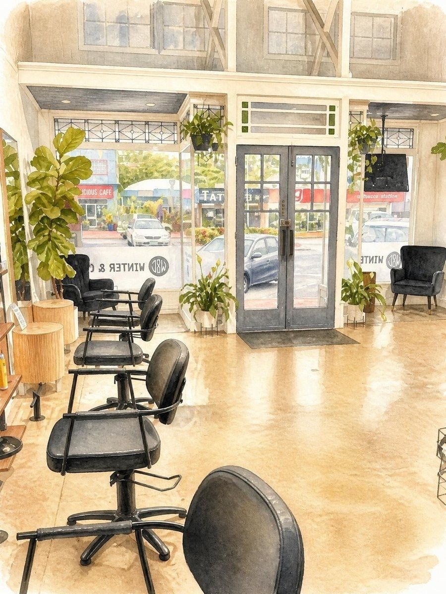 Watercolour of the salon floor, styling chairs and front doors looking out to James Street