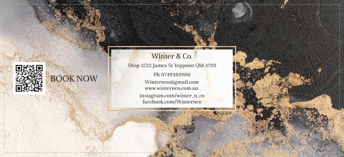 Back of the Winter & Co. gift certificate, with the salon address, phone, email and a booking QR code